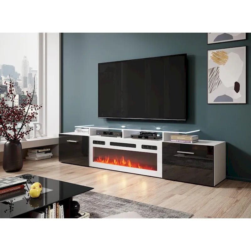 75-Inch Modern TV Stand with Electric Fireplace and LED Lights