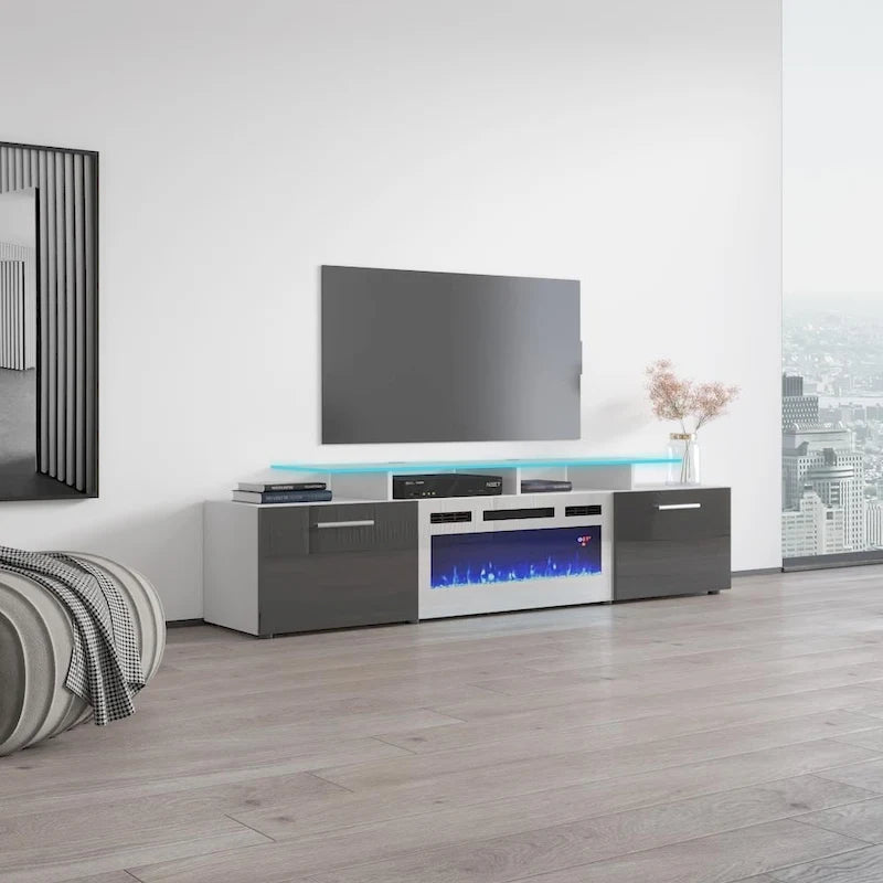 75-Inch Modern TV Stand with Electric Fireplace and LED Lights