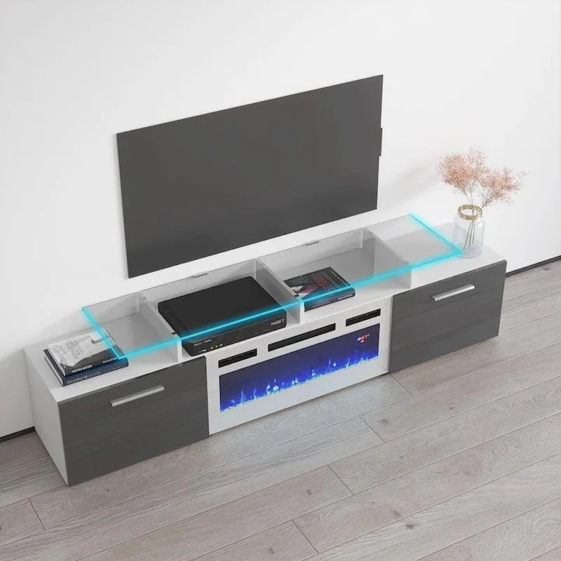 75-Inch Modern TV Stand with Electric Fireplace and LED Lights