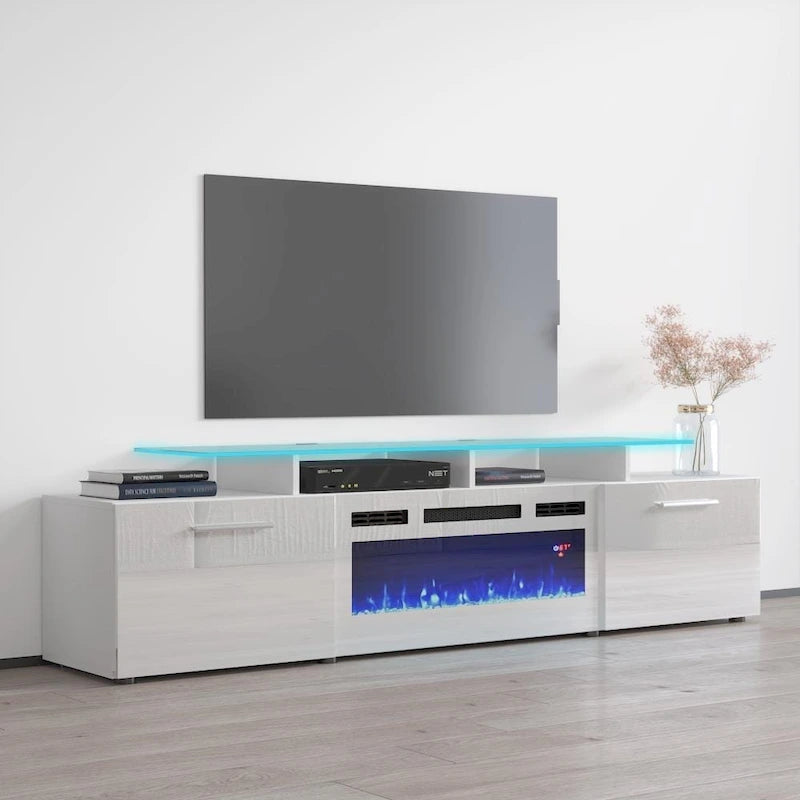 75-Inch Modern TV Stand with Electric Fireplace and LED Lights