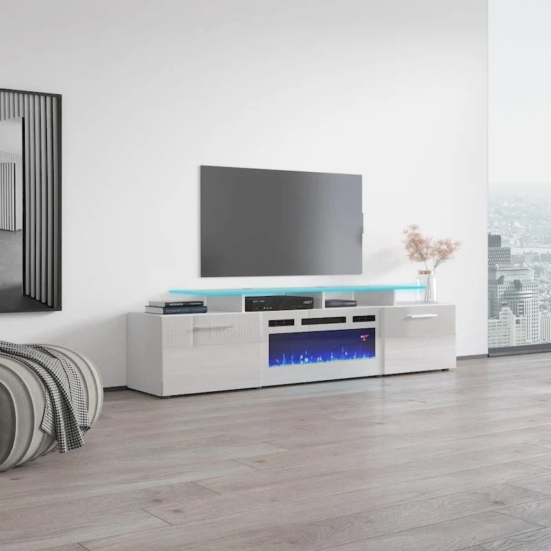 75-Inch Modern TV Stand with Electric Fireplace and LED Lights