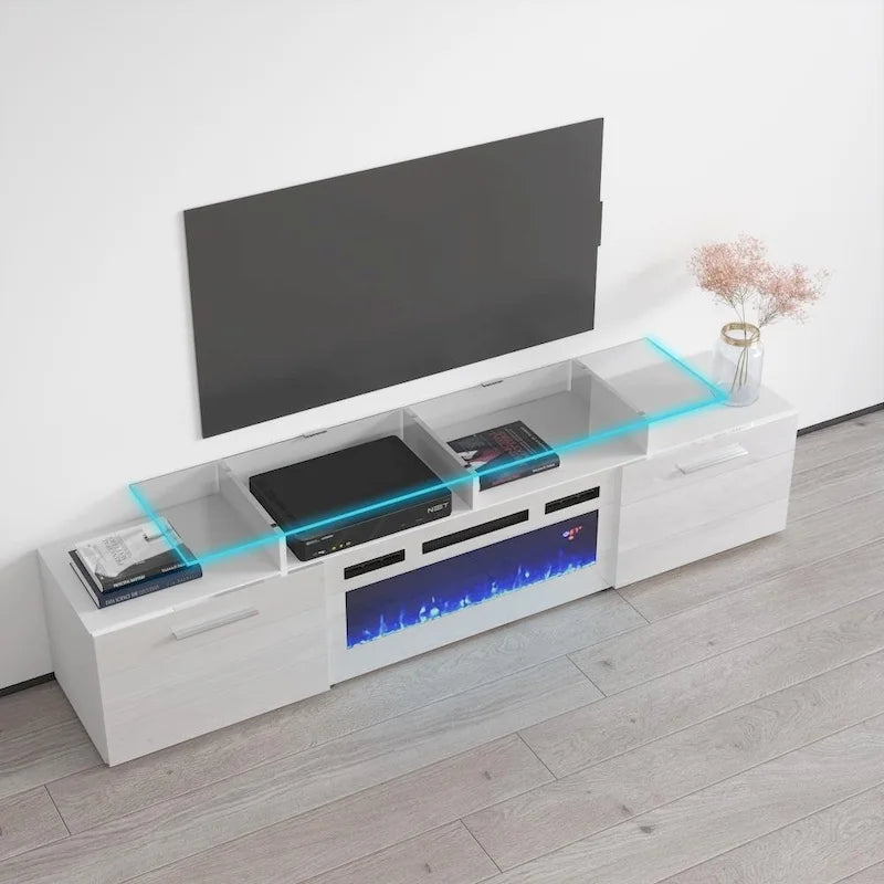 75-Inch Modern TV Stand with Electric Fireplace and LED Lights