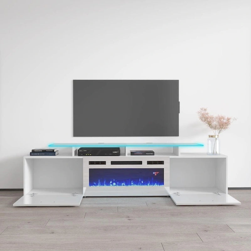 75-Inch Modern TV Stand with Electric Fireplace and LED Lights