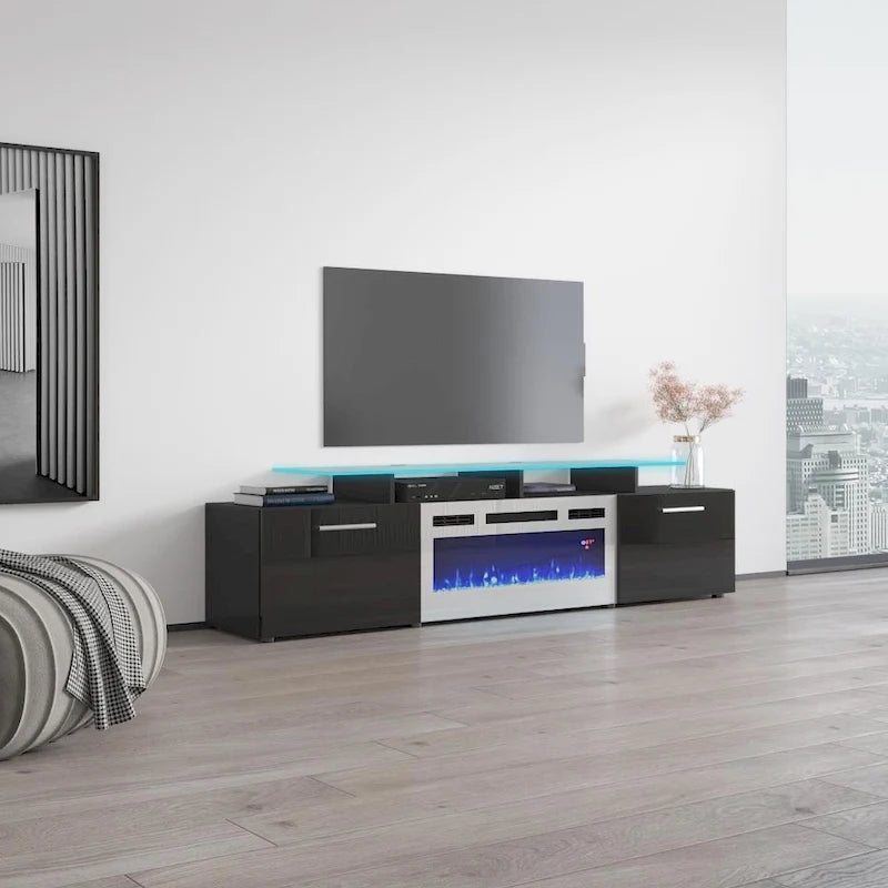 75-Inch Modern TV Stand with Electric Fireplace and LED Lights