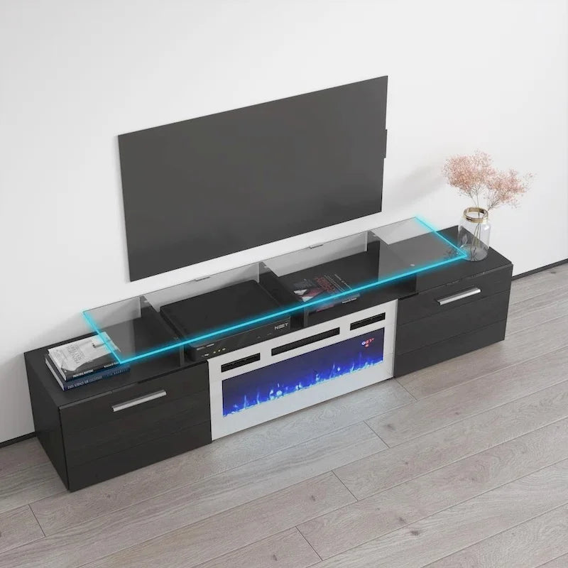 75-Inch Modern TV Stand with Electric Fireplace and LED Lights