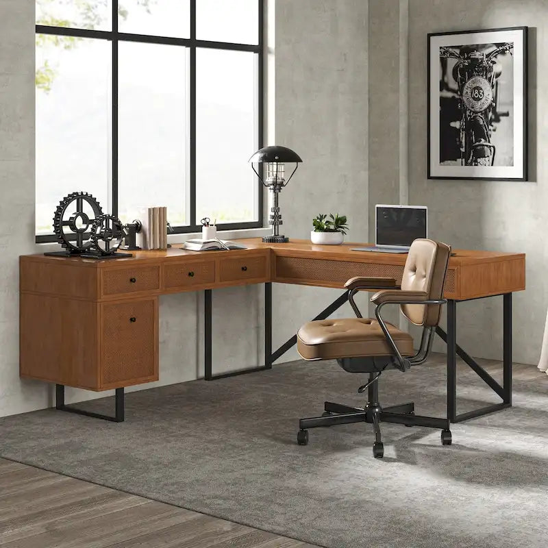 Industrieller höhenverstellbarer L-förmiger Büroschreibtisch mit Rattanschubladen und Steckdosen