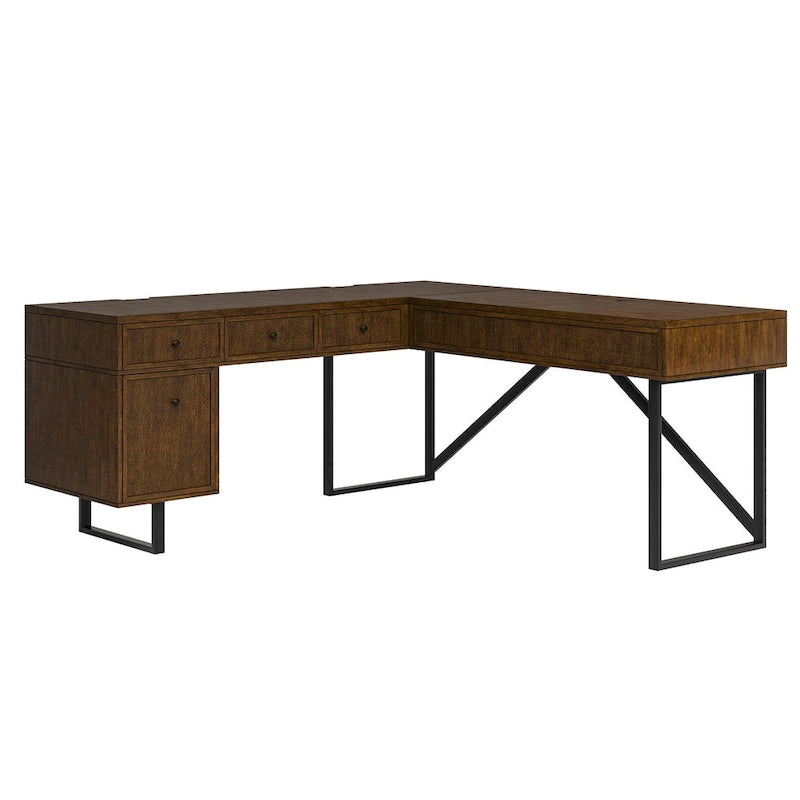 Industrial L-Shaped Lift-Top Office Desk with Rattan Drawers and Outlets