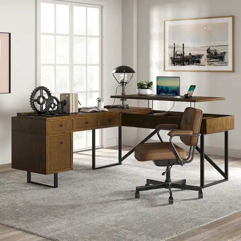 Industrial L-Shaped Lift-Top Office Desk with Rattan Drawers and Outlets
