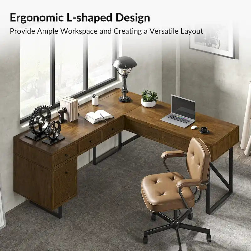 Industrial L-Shaped Lift-Top Office Desk with Rattan Drawers and Outlets