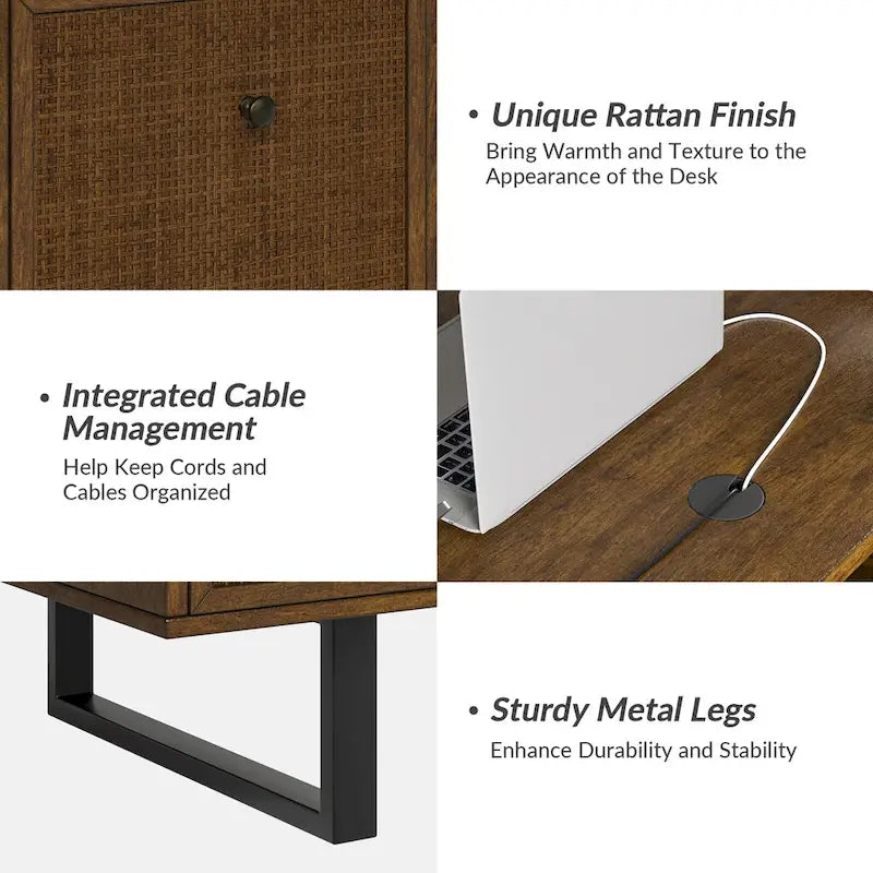 Industrial L-Shaped Lift-Top Office Desk with Rattan Drawers and Outlets