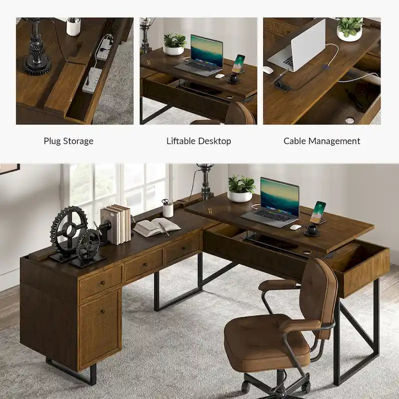 Industrial L-Shaped Lift-Top Office Desk with Rattan Drawers and Outlets
