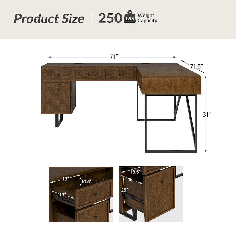 Industrial L-Shaped Lift-Top Office Desk with Rattan Drawers and Outlets