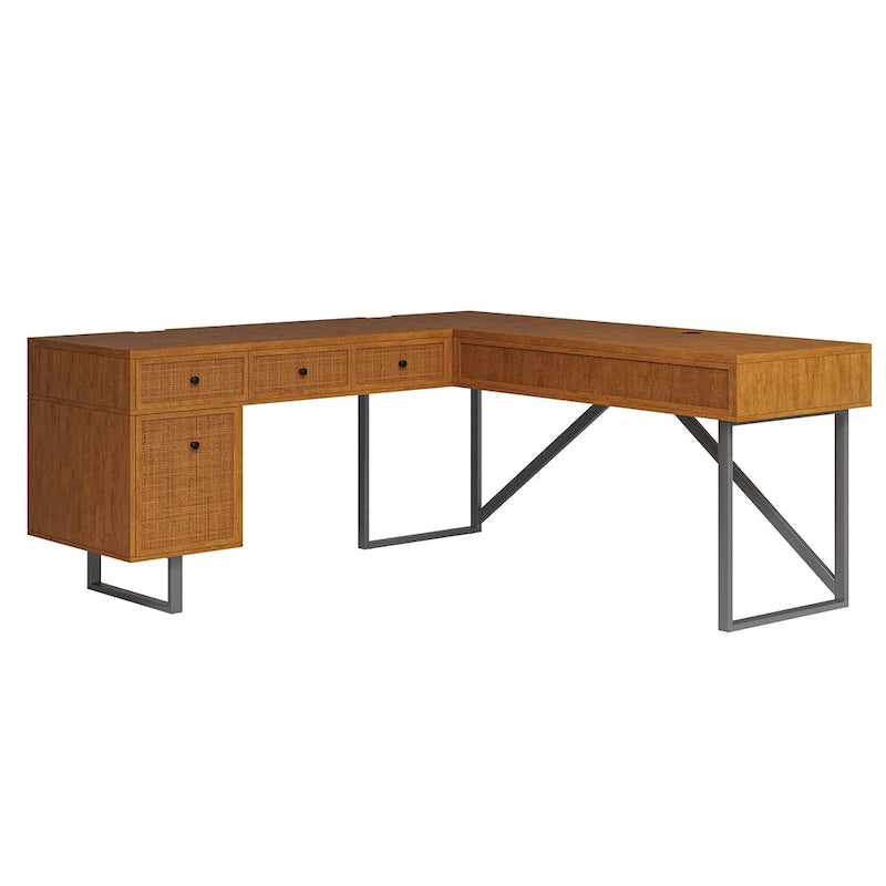 Industrial L-Shaped Lift-Top Office Desk with Rattan Drawers and Outlets