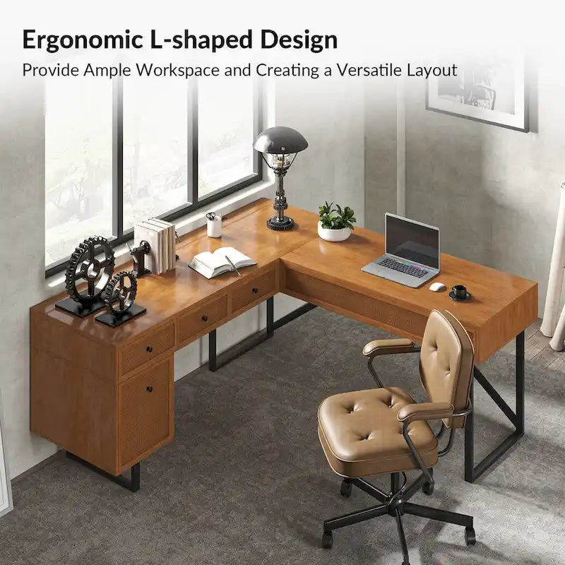 Industrial L-Shaped Lift-Top Office Desk with Rattan Drawers and Outlets
