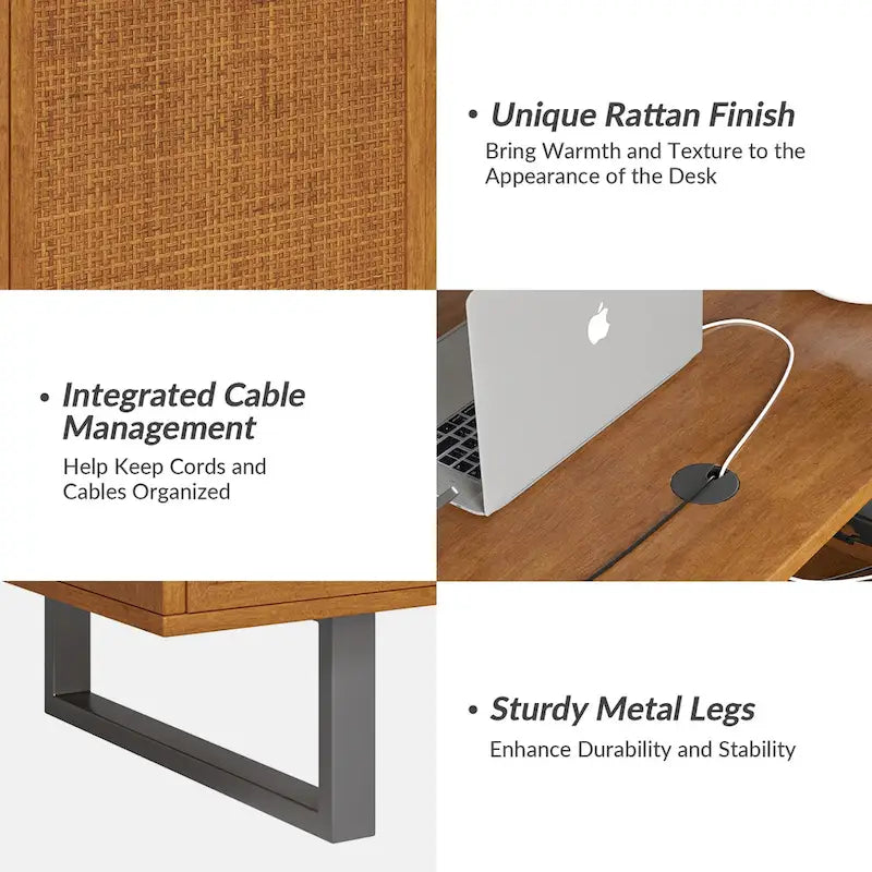 Industrial L-Shaped Lift-Top Office Desk with Rattan Drawers and Outlets