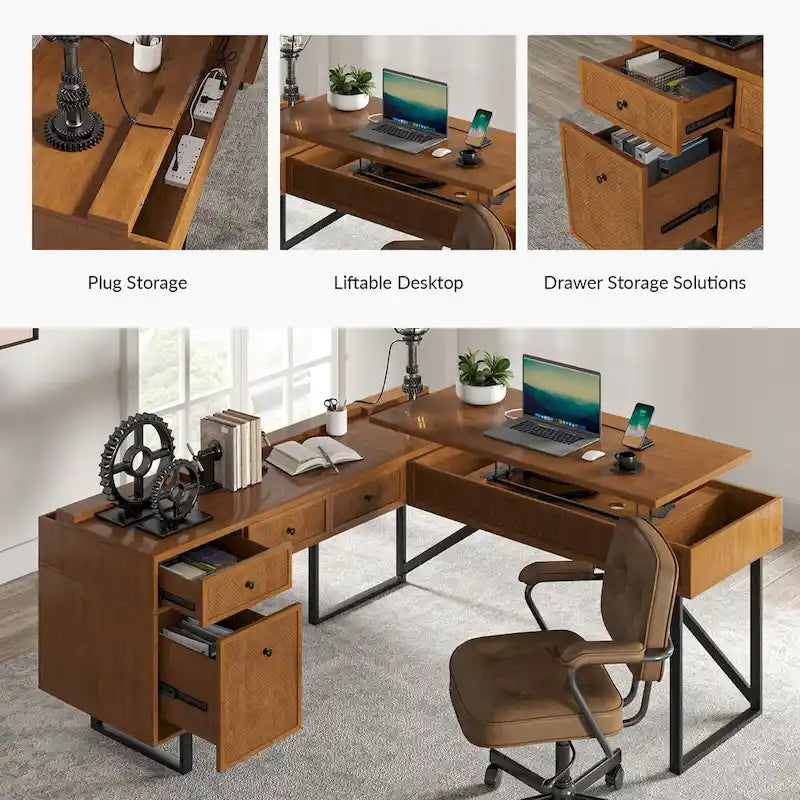 Industrial L-Shaped Lift-Top Office Desk with Rattan Drawers and Outlets
