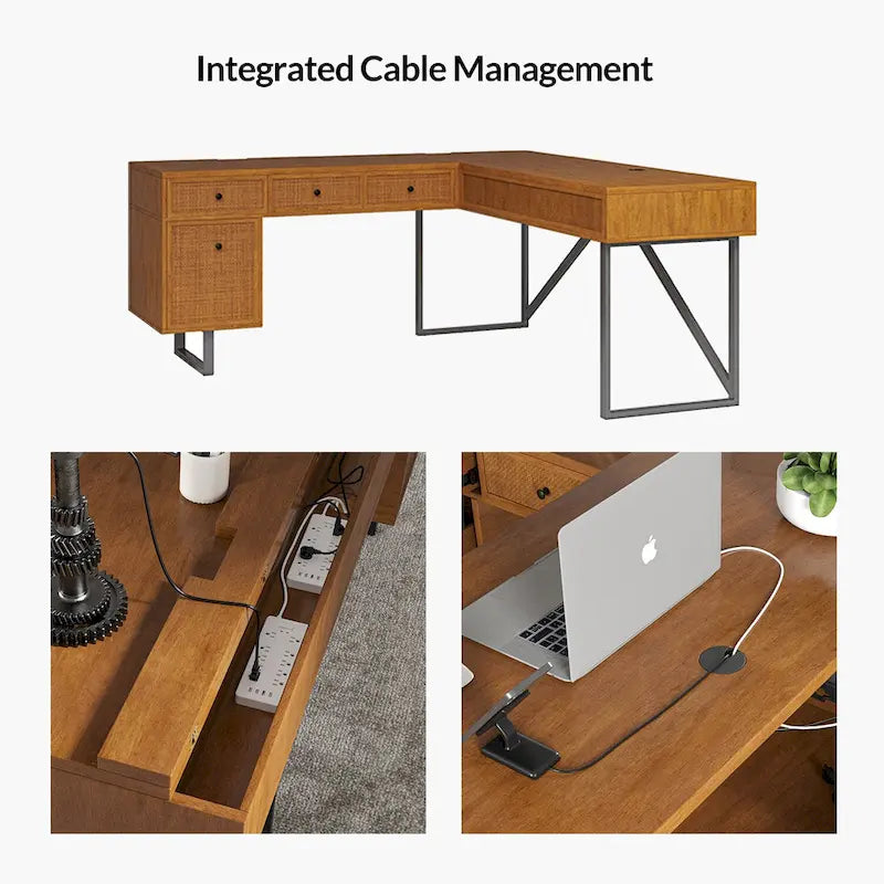 Industrial L-Shaped Lift-Top Office Desk with Rattan Drawers and Outlets