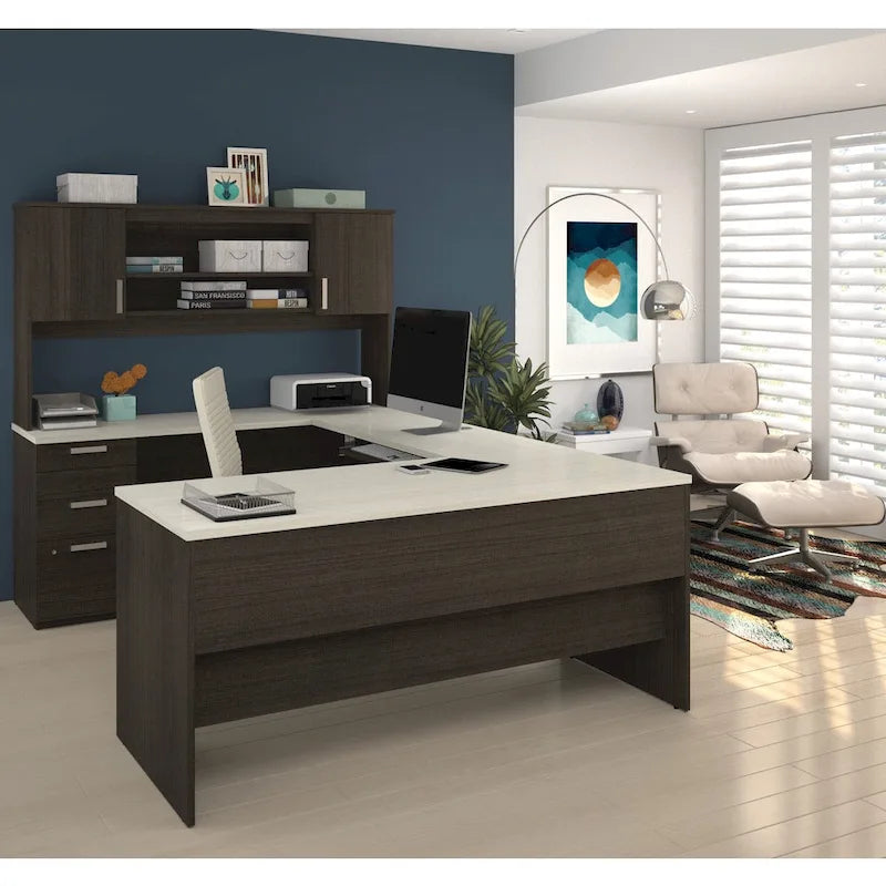 Bureau de bureau en U avec caisson mobile et surmeuble