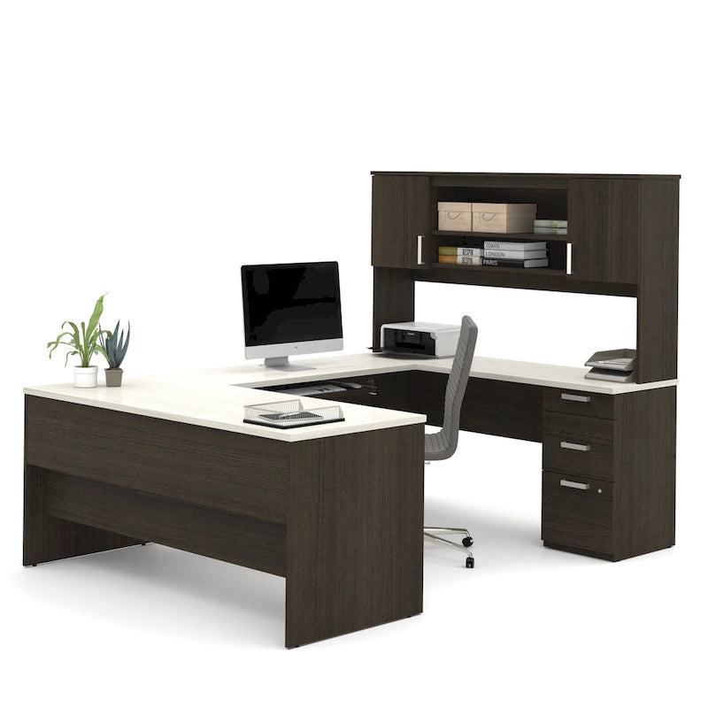 Bureau de bureau en U avec caisson mobile et surmeuble