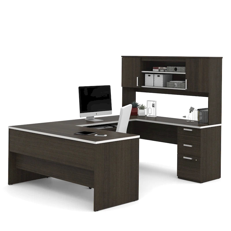Bureau de bureau en U avec caisson mobile et surmeuble