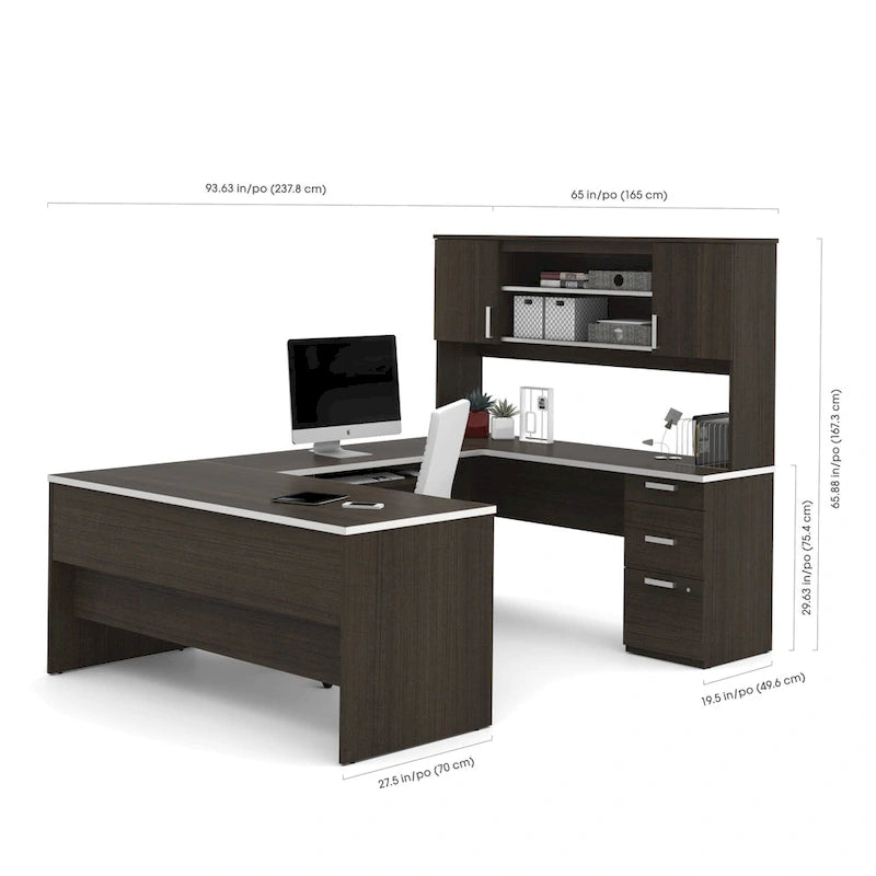 Bureau de bureau en U avec caisson mobile et surmeuble