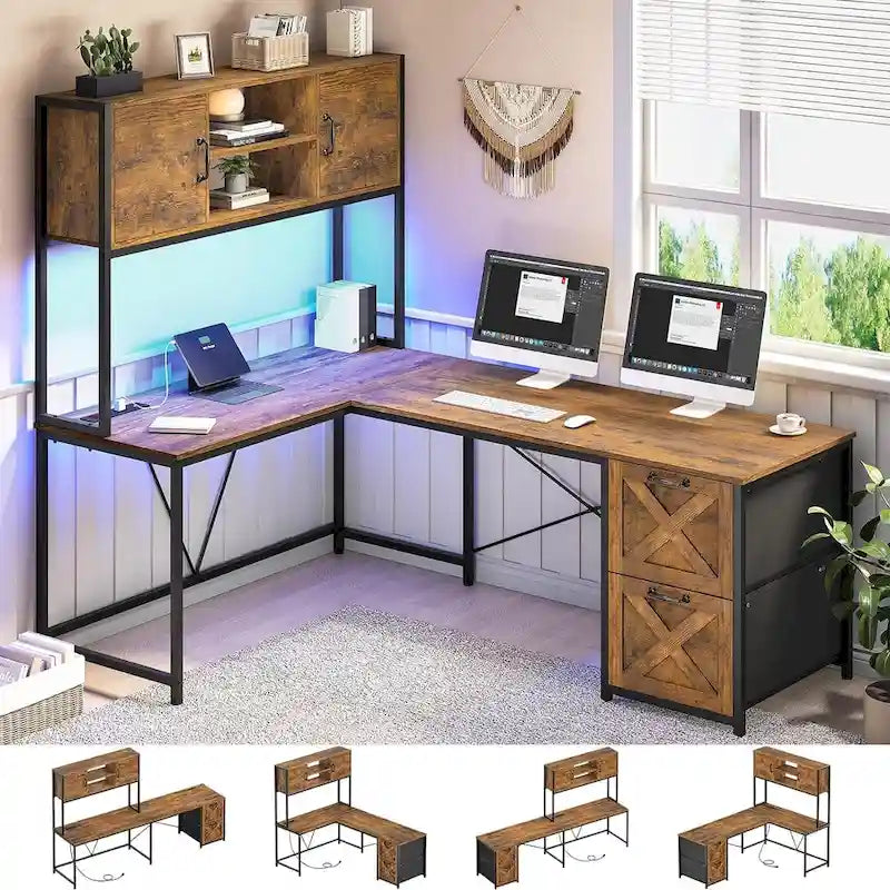 L Shaped Computer Desk with Drawers Corner Gaming Desk storage shelves