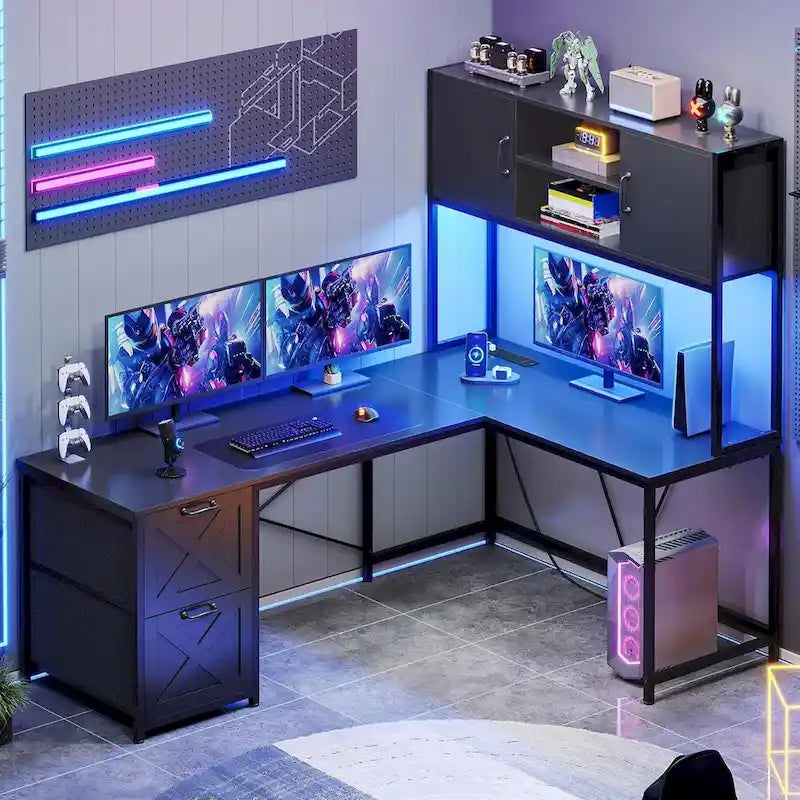 L-förmiger Computerschreibtisch mit Schubladen, Gaming-Ecktisch mit Ablagefächern