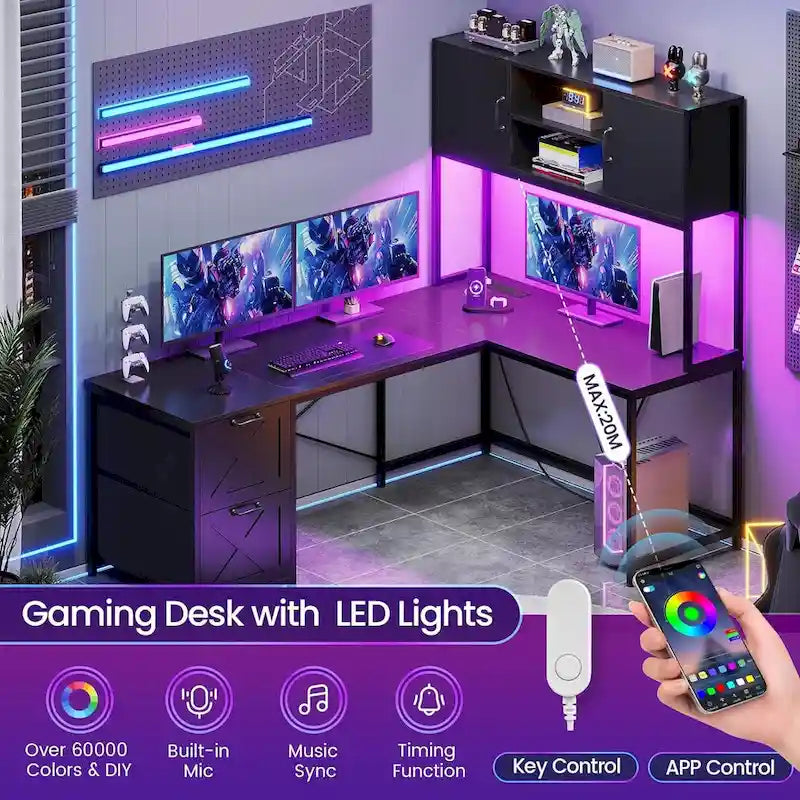 L-förmiger Computerschreibtisch mit Schubladen, Gaming-Ecktisch mit Ablagefächern