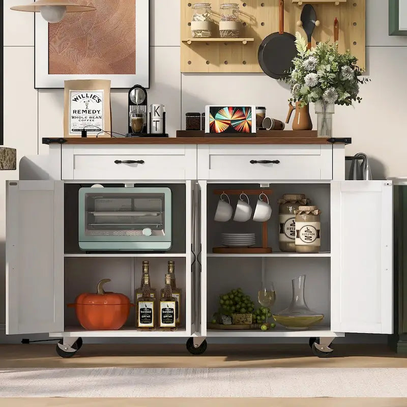 Farmhouse kitchen island with electrical outlets and drop-leaf panels