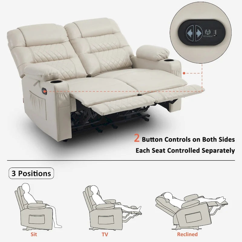 Elektrisch verstelbare loveseat met warmte, trilling en USB-poorten