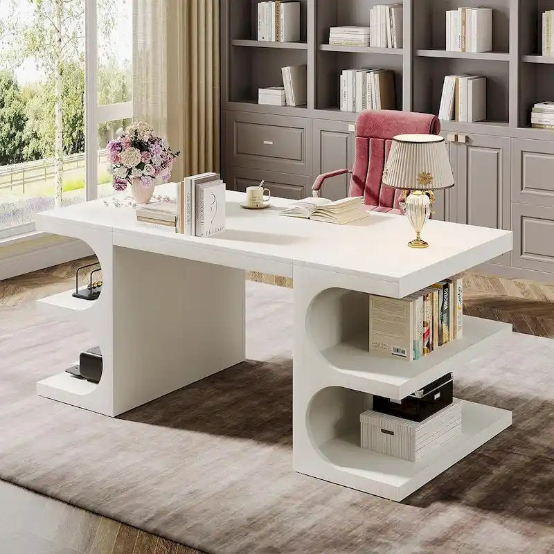 62-Zoll-Computer-Chefschreibtisch, großer Büroschreibtisch mit Regalböden und Schreibfläche
