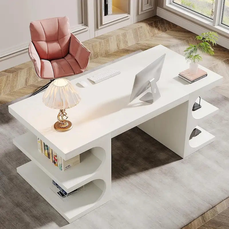 62-Zoll-Computer-Chefschreibtisch, großer Büroschreibtisch mit Regalböden und Schreibfläche