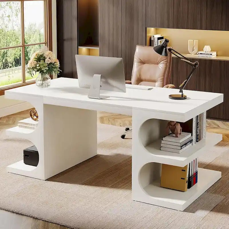 62-Zoll-Computer-Chefschreibtisch, großer Büroschreibtisch mit Regalböden und Schreibfläche